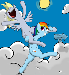 Size: 1952x2106 | Tagged: safe, artist:w300, imported from derpibooru, derpy hooves, rainbow dash, pegasus, pony, fanfic:rainbow factory, betrayal, biased, bipedal, cutie mark, dark joke, derpy riding rainbow dash, duo, fascism, fascist, inappropriate joke, joke, no tail, open mouth, ponies riding ponies, riding, sign, smiling, smirk, sun, this will end in death, this will end in pain, this will end in tears, this will end in tears and/or death, this will not end well