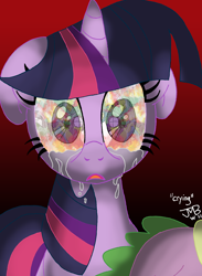 Size: 1100x1500 | Tagged: dead source, safe, artist:gamebuddy123, imported from derpibooru, spike, twilight sparkle, pony, crying, duo, fire, harsher in hindsight, ponyville