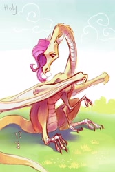 Size: 2874x4311 | Tagged: safe, artist:holivi, imported from derpibooru, fluttershy, dragon, dragonified, exclamation point, flutterdragon, interrobang, question mark, species swap