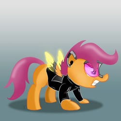 Size: 1000x1000 | Tagged: safe, artist:subjectnumber2394, imported from derpibooru, scootaloo, cyborg, pony, clothes, female, future, gradient background, jacket, solo