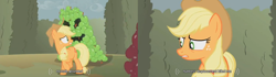 Size: 1272x356 | Tagged: safe, imported from derpibooru, screencap, applejack, keepers of the grove of truth, earth pony, pony, the return of harmony, apple, canterlot hedge maze, female, food, mare, youtube caption