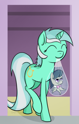 Size: 578x908 | Tagged: safe, artist:subjectnumber2394, imported from derpibooru, lyra heartstrings, octavia melody, monster pony, octopony, original species, duo, eyes closed, mouth hold, octavia is not amused, octaviapus, pet, species swap, unamused