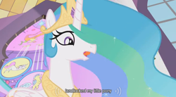 Size: 638x352 | Tagged: safe, edit, edited screencap, imported from derpibooru, screencap, princess celestia, alicorn, pony, the return of harmony, female, mare, stained glass, youtube caption