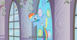 Size: 622x328 | Tagged: safe, imported from derpibooru, screencap, rainbow dash, the return of harmony, stained glass, youtube caption