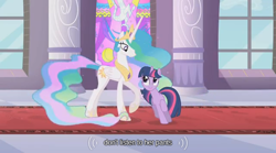 Size: 640x356 | Tagged: safe, imported from derpibooru, screencap, princess celestia, twilight sparkle, the return of harmony, stained glass, youtube caption