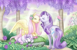 Size: 800x520 | Tagged: safe, artist:yiuokami, imported from derpibooru, fluttershy, rarity, sweetie belle, butterfly, pegasus, unicorn, beautiful, day, description in comments, female, flower, flower in hair, forehead kiss, friendship, garden, kissing, sleeping, wisteria