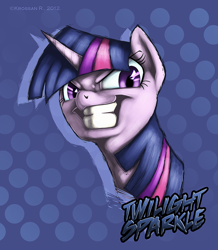 Size: 800x918 | Tagged: dead source, safe, artist:krossan, imported from derpibooru, twilight sparkle, pony, unicorn, abstract background, bust, female, gritted teeth, mare, smiling, solo, text