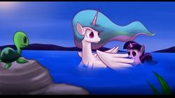 Size: 1920x1080 | Tagged: safe, artist:mister-markers, imported from derpibooru, princess celestia, twilight sparkle, alicorn, turtle, unicorn, day, female, filly, filly twilight sparkle, looking down, momlestia fuel, pond, swanlestia, swimming, unicorn twilight, water, younger