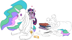 Size: 2590x1425 | Tagged: safe, artist:litcigarette, imported from derpibooru, princess celestia, twilight sparkle, pony, unicorn, book, doll, fabric, female, filly, filly twilight sparkle, heart, scissors, sewing, solo, stuffing, wingding eyes, younger