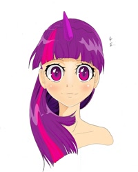 Size: 816x1022 | Tagged: safe, artist:yjayr, imported from derpibooru, twilight sparkle, human, female, horned humanization, humanized, solo