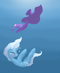 Size: 900x1100 | Tagged: safe, artist:otterlore, imported from derpibooru, trixie, pony, unicorn, cape, clothes, crying, crying in the sea, female, hat, mare, sad, sinking, solo, the sad and depresive trixie, trixie's cape, trixie's hat, underwater