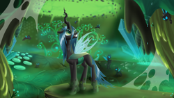 Size: 1024x576 | Tagged: source needed, safe, artist:sirzi, imported from derpibooru, queen chrysalis, changeling, changeling queen, changeling hive, female, solo focus