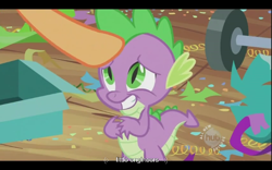 Size: 640x400 | Tagged: safe, imported from derpibooru, screencap, applejack, spike, secret of my excess, hub logo, youtube caption