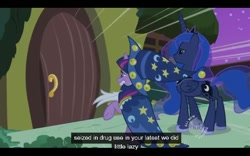 Size: 640x400 | Tagged: safe, imported from derpibooru, screencap, princess luna, star swirl the bearded, twilight sparkle, luna eclipsed, drug use, youtube caption