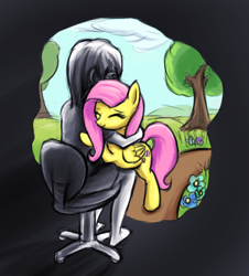 Size: 684x757 | Tagged: safe, artist:fajeh, imported from derpibooru, fluttershy, human, pegasus, pony, chair, flower, grass, grass field, hug, office chair, tree