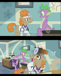 Size: 640x800 | Tagged: safe, edit, edited screencap, imported from derpibooru, screencap, doctor muffin top, hippocrates, horse md, spike, twilight sparkle, dragon, pony, unicorn, secret of my excess, caption, comic, david bowie, female, hub logo, male, mare, salad, sitting, stallion, teenage spike, youtube caption