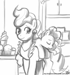 Size: 748x800 | Tagged: safe, artist:johnjoseco, imported from derpibooru, cup cake, pinkie pie, filly, grayscale, monochrome, sleeping