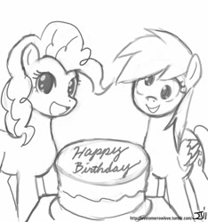 Size: 748x800 | Tagged: safe, artist:johnjoseco, imported from derpibooru, derpy hooves, pinkie pie, pegasus, pony, birthday, birthday cake, cake, female, food, grayscale, happy, looking at you, mare, monochrome, open mouth, signature, simple background, white background