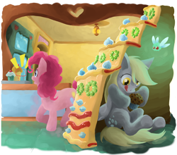 Size: 900x793 | Tagged: safe, artist:leavingcrow, imported from derpibooru, derpy hooves, pinkie pie, earth pony, parasprite, pegasus, pony, cake, duo, duo female, female, mare, muffin, sugarcube corner