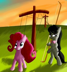 Size: 1000x1074 | Tagged: safe, artist:snus-kun, imported from derpibooru, octavia melody, pinkie pie, pony, bow (instrument), cello bow, duo, power line