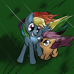 Size: 1024x1024 | Tagged: safe, artist:snus-kun, imported from derpibooru, rainbow dash, scootaloo, pegasus, pony, duo, female, filly, foal, grass, gritted teeth, looking at each other, looking at someone, lying, mare, ponyloaf, prone, rain, scootalove, smiling, spread wings, storm, teeth, wind, windswept mane, wings