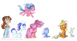 Size: 1100x596 | Tagged: safe, artist:potatofarmgirl, imported from derpibooru, applejack (g1), cotton candy (g1), firefly, glory, habbit, megan williams, spike (g1), human, alternate hairstyle, apple, concept art, g1, g1 to g4, generation leap, simple background