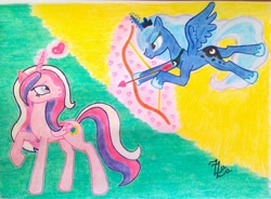 Size: 1094x804 | Tagged: safe, artist:zaza-fabelisto, imported from derpibooru, princess cadance, princess luna, arrow, bow (weapon), cupid, heart arrow, traditional art, wat