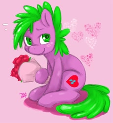 Size: 600x652 | Tagged: safe, artist:diasfox, imported from derpibooru, spike, pony, bouquet, flower, heart, ponified, solo