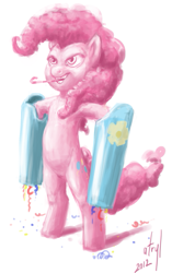 Size: 535x850 | Tagged: safe, artist:atryl, imported from derpibooru, pinkie pie, pony, arm cannon, dual wield, party cannon, solo