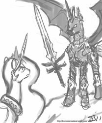 Size: 667x800 | Tagged: safe, artist:johnjoseco, imported from derpibooru, princess celestia, oc, alicorn, bat pony, bat pony alicorn, pony, alicorn oc, frostmourne, glare, grayscale, lich king, monochrome, ponified, spread wings, sword, warcraft, weapon