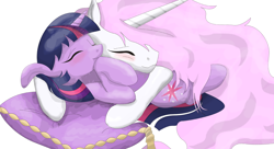 Size: 1196x651 | Tagged: safe, artist:bri-sta, artist:burnout, imported from derpibooru, princess celestia, twilight sparkle, colored, duo, eyes closed, hug, momlestia, pillow, pink-mane celestia, simple background, white background