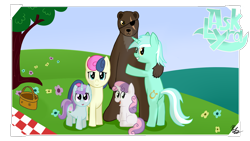 Size: 1600x900 | Tagged: safe, artist:phoenixswift, imported from derpibooru, bon bon, liza doolots, lyra heartstrings, petunia, sweetie belle, sweetie drops, tootsie flute, pony, ask lyra, ask, krastos the gluemaker, lyrabontoots family, tumblr