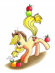 Size: 2162x2897 | Tagged: safe, artist:jadesca, imported from derpibooru, applejack, pony, apple, balancing, female, high res, solo, that pony sure does love apples, traditional art