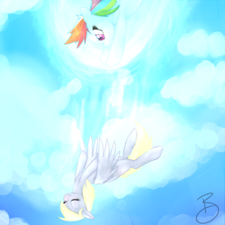 Size: 2000x2000 | Tagged: safe, artist:casocat, imported from derpibooru, derpy hooves, rainbow dash, pegasus, pony, cloud, cloudy, duo, eyes closed, falling, female, flying, high res, mare