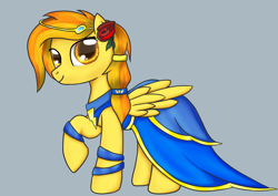 Size: 1480x1050 | Tagged: dead source, safe, artist:sierraex, imported from derpibooru, spitfire, pegasus, pony, clothes, dress, female, flower, flower in hair, gown, gray background, loose hair, mare, prom dress, raised hoof, simple background, solo