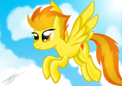 Size: 1480x1050 | Tagged: dead source, safe, artist:sierraex, imported from derpibooru, spitfire, pegasus, pony, female, mare, music notes, signature, sky background, solo