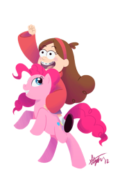 Size: 653x941 | Tagged: artist needed, safe, artist:capriciouscanine, imported from derpibooru, pinkie pie, crossover, gravity falls, humans riding ponies, mabel pines, riding