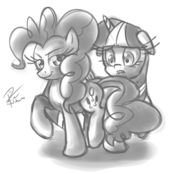 Size: 1822x1864 | Tagged: safe, artist:leadhooves, imported from derpibooru, pinkie pie, twilight sparkle, dat ass, dat butt, female, lesbian, lip bite, monochrome, shipping, twinkie