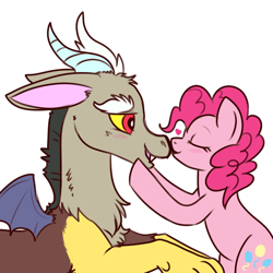 Size: 544x544 | Tagged: safe, artist:lulubell, imported from derpibooru, discord, pinkie pie, blushing, discopie, eyes closed, female, heart, interspecies, kissing, male, shipping, simple background, straight, white background