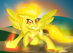 Size: 2100x1530 | Tagged: dead source, safe, artist:sierraex, imported from derpibooru, spitfire, pegasus, pony, angry, female, fire, mare, raised hoof, solo, spitfiery