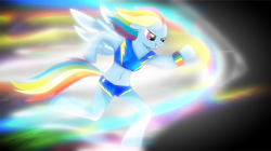 Size: 2033x1141 | Tagged: dead source, safe, artist:sierraex, imported from derpibooru, rainbow dash, anthro, pegasus, unguligrade anthro, arm hooves, belly button, bracelet, clothes, determined, female, jewelry, running, solo, sonic rainboom, sports bra