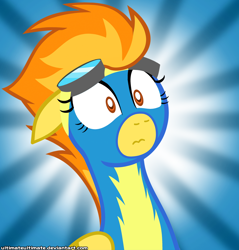 Size: 1000x1045 | Tagged: safe, artist:zantyarz, imported from derpibooru, spitfire, pegasus, pony, bust, clothes, floppy ears, goggles, portrait, reaction image, shocked, show accurate, surprise face, uniform, wonderbolts uniform