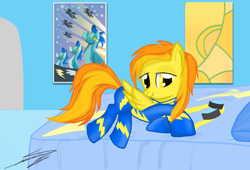 Size: 1400x950 | Tagged: dead source, safe, artist:sierraex, imported from derpibooru, spitfire, pegasus, pony, bed, bedroom eyes, female, goggles, lying down, mare, solo, wonderbolts uniform