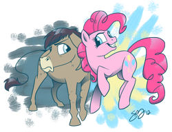 Size: 1300x1000 | Tagged: safe, artist:probablyfakeblonde, imported from derpibooru, cranky doodle donkey, pinkie pie, donkey, earth pony, pony, duo, female, male