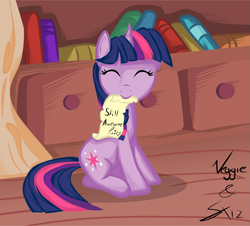 Size: 1937x1748 | Tagged: dead source, safe, artist:sierraex, imported from derpibooru, twilight sparkle, pony, unicorn, bookshelf, eyes closed, female, golden oaks library, happy, heart, mare, mouth hold, note, signature, solo, unicorn twilight