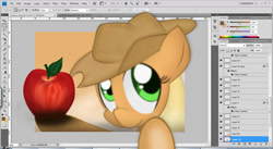 Size: 1366x746 | Tagged: safe, artist:noponyzone, imported from derpibooru, applejack, pony, breaking the fourth wall, female, obligatory apple, solo