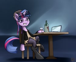 Size: 1040x859 | Tagged: safe, artist:gsphere, imported from derpibooru, twilight sparkle, pony, alcohol, chair, clothes, computer, female, glasses, hipster, jacket, laptop computer, looking at you, sitting, solo, table, wine