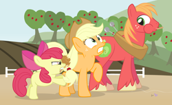 Size: 1200x736 | Tagged: safe, artist:dm29, imported from derpibooru, apple bloom, applejack, big macintosh, earth pony, pony, apple, candy apple (food), caramel apple (food), family, food, funny, male, stallion, stuck, trio