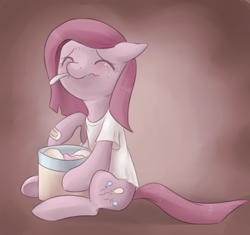 Size: 704x662 | Tagged: safe, artist:lightning-stars, artist:ls_skylight, imported from derpibooru, pinkie pie, earth pony, pony, bandaid, clothes, comfort eating, crying, eyes closed, female, ice cream, left out, pinkamena diane pie, sad, shirt, sitting, solo, spoon, t-shirt