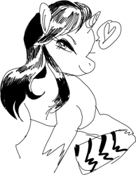 Size: 390x502 | Tagged: safe, artist:maroonracoon, imported from derpibooru, pony, bedroom eyes, heart, looking at you, lum invader, monochrome, ponified, raised hoof, smiling, solo, urusei yatsura